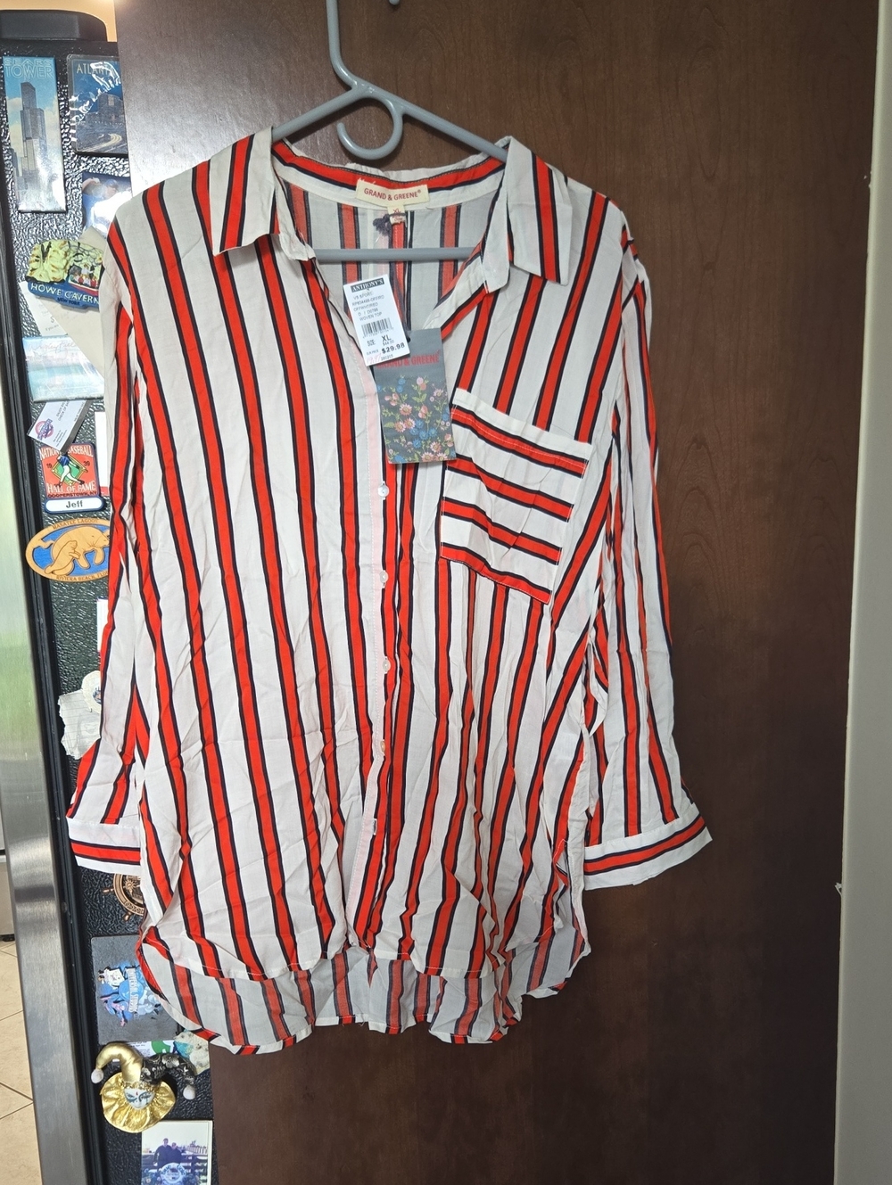 grand & greene Striped Button-Up Shirt in White, Red & Navy
